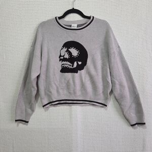 Nikka K. XL Gray Cropped Skull Sweater with Stud Accents